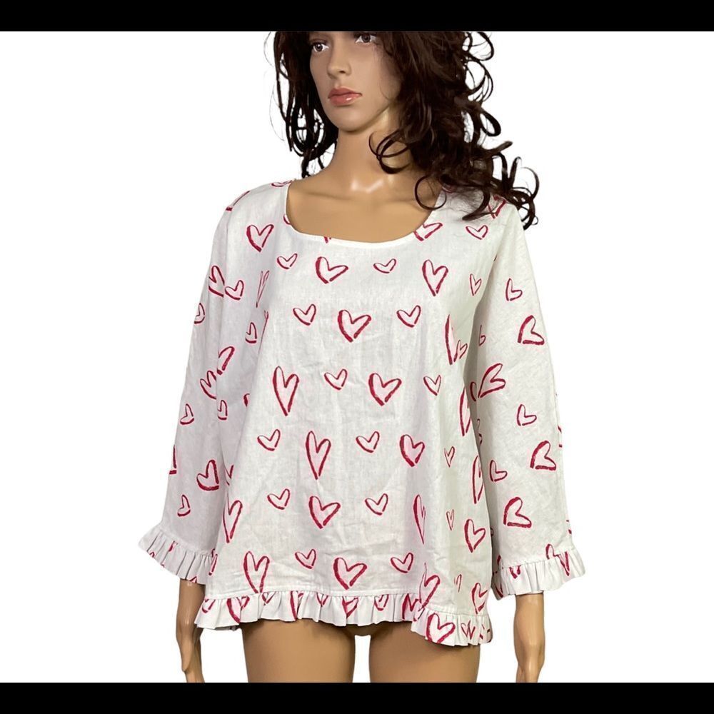 NEW Cynthia Rowley white red heart print peplum ruffle linen cotton top blouse M